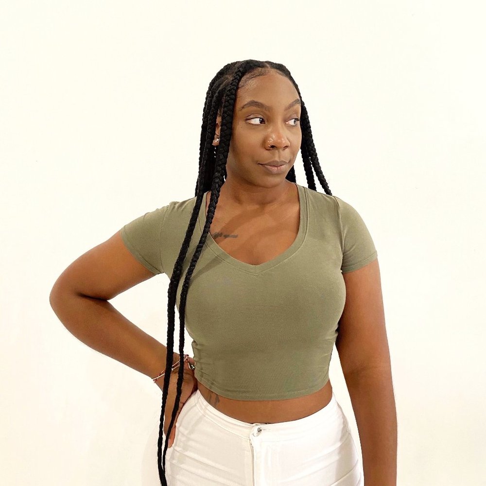 Basic V-Neck Crop Tee in Olive